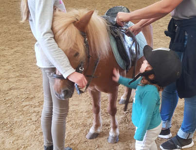 photo d'un poney alezan de deux moniteurs et d'une enfants de 3 ans